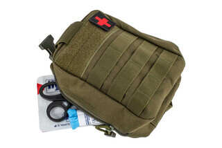 Primary Arms individual first aid kit in coyote olive drab green pouch with MOLLE webbing.